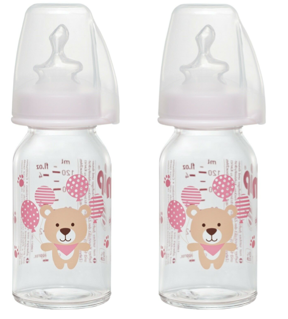 Nip 2 x Baby Glas Flasche Anti Colic 125ml mit Sauger gr. 1 / 0 - 6 Monate Tee