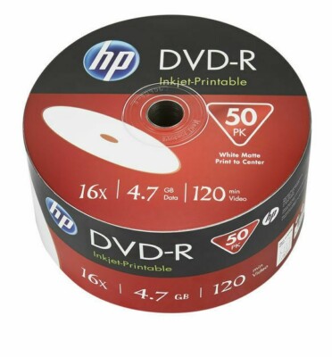 50 Genuine HP White Inkjet Printable DVD-R 16x 4.7GB 120 mins Blank Discs 