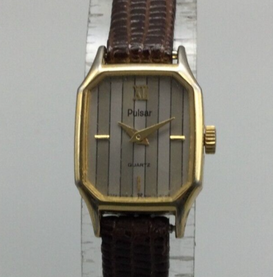 Vintage Pulsar Watch Women Gold Tone Rectangle Brown Leather Band New Battery eBay