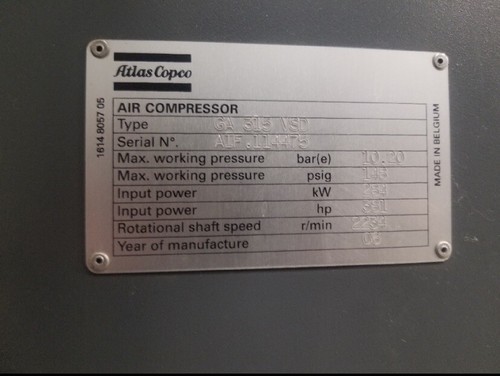 Atlas Copco GA315VSD Used Air Compressor, Yr. 2016, 37,477hrs 350hp