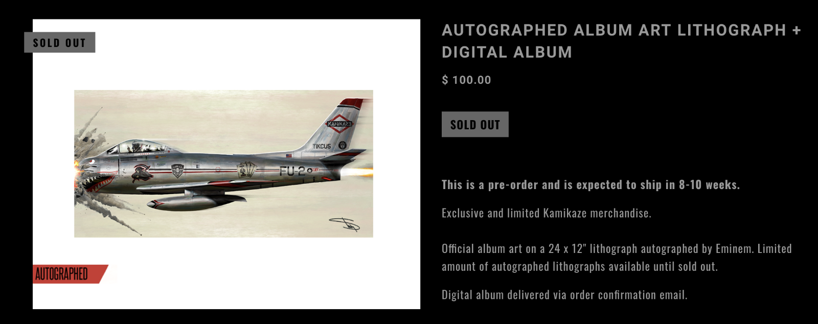 Eminem Signed Autographed Album Art Lithograph Kamikaze Slim Shady SOLD OUT