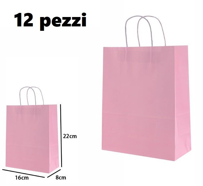 Set 12 Pezzi Buste Borsa Da Regalo Sacchetti Carta Rosa 22x16x8cm dfh