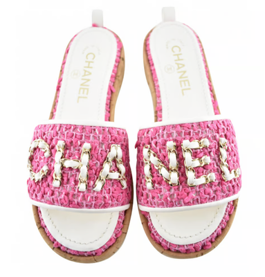 Chanel 21C Pink Tweed White Chain Gold CC Logo Cork Mule Slide Sandal Flat 35