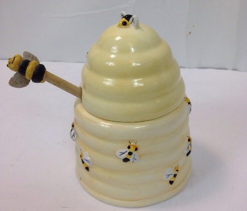 Boston Warehouse Ceramic BEE HIVE HONEY JAR POT with BEE DIPPER Stick Large 6