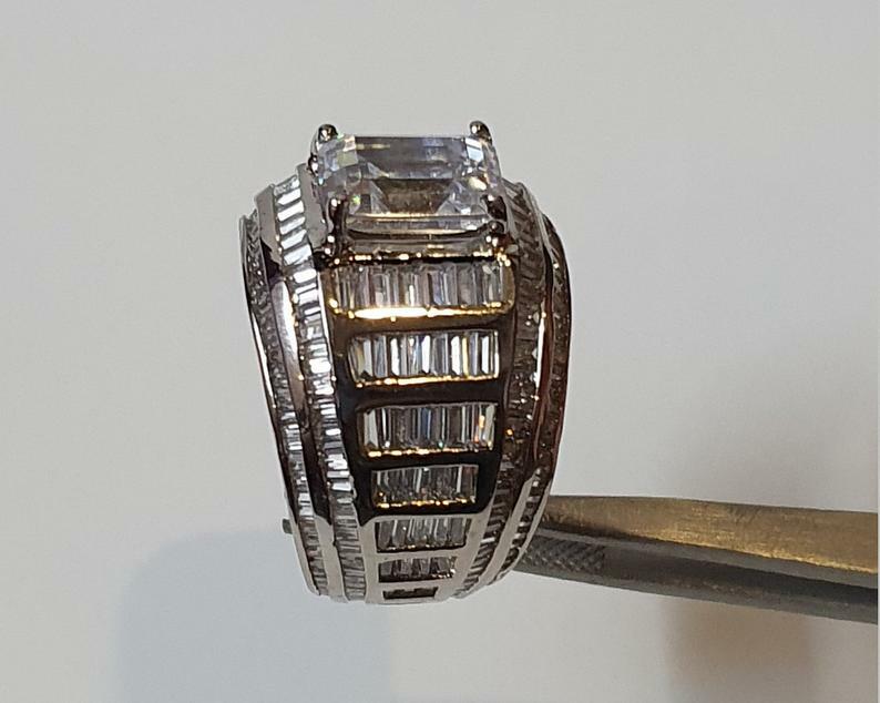 Pre-owned Online0369 2ct Baguette Cubic Zirconia Mens Statement Ring Free Stud Silver Ring Size 10 In White