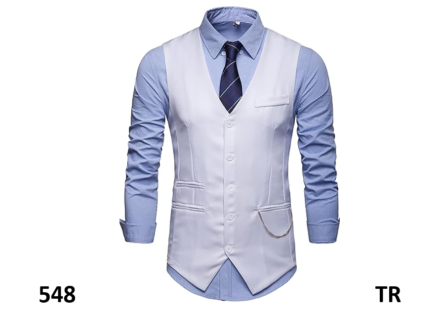 RONGKIM Men Suit Vest Business Formal Dress Waistcoat Vest with Chains,White, XL