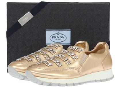 

НОВЫЕ КОЖАНЫЕ КРОССОВКИ PRADA LUXURY SWAROVSKI С ЗОЛОТЫМИ КОЖАНЫМИ КРОССОВКАМИ 40/США 10, Золотой