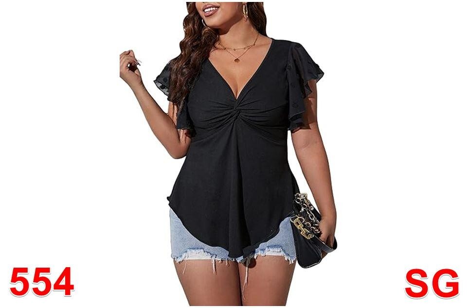 SOLY HUX Women's Plus Size, Twist Front Deep, V Neck, Tee Tops, Blouse, 1xl