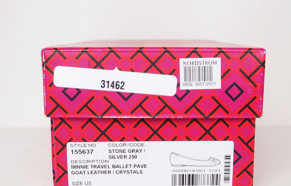 Pre-owned Tory Burch Crystal Logo Pave Minnie Leather Travel Ballet Flat Gray Us 9.5
