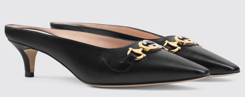 Pre-owned Gucci Zumi Black Leather Silver Gold Gg Kitten Heel Mule Slide Loafer Pump 37