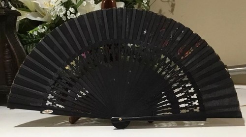 Vintage Chinese Japanese Hand Painted Black Floral Hand Fan 16.5”