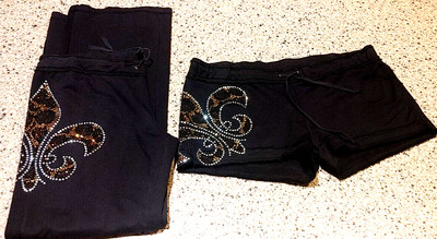 Womens Casual But Blingy Fleur Di Lis, black Shorts & Pants. Lg/xl