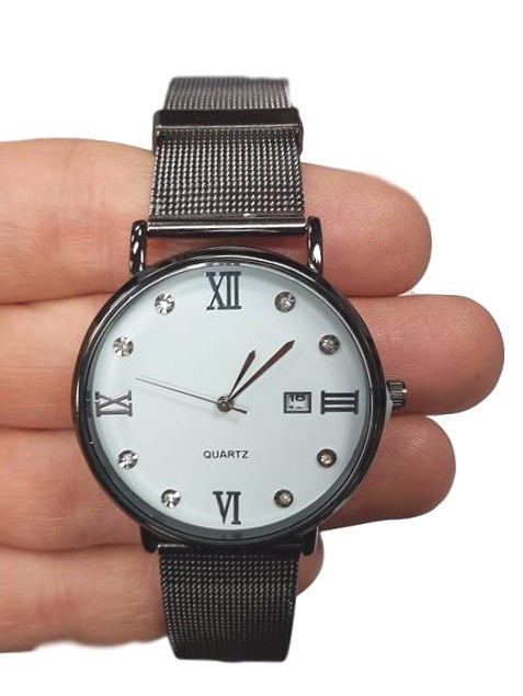 Orologio Da Polso Unisex Analogico Quarzo Data Brillantini Nero Fondo Bianco lac