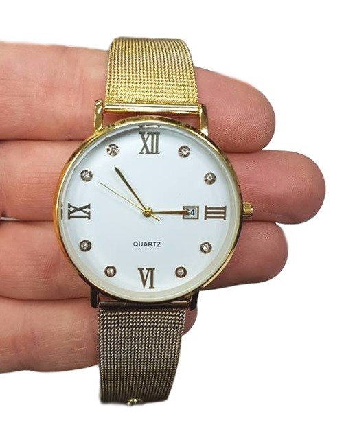 Orologio Da Polso Unisex Analogico Quarzo Data Brillantini Oro Fondo Bianco lac