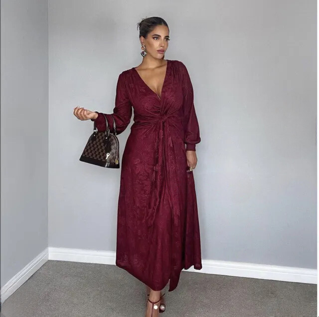 i*2様 Checked Jacquard Volume Sleeve Dres Zara Long Jacquard Dress Burgundy New S M | eBay