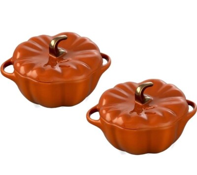 Staub Ceramic 2-pc 16-oz Petite Pumpkin Cocotte Set- Burnt Orange-NEW