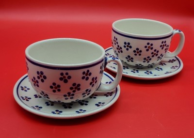 4 pc Polish Pottery Stoneware Hand Painted Blue Brown Flower Mug & Saucer Set