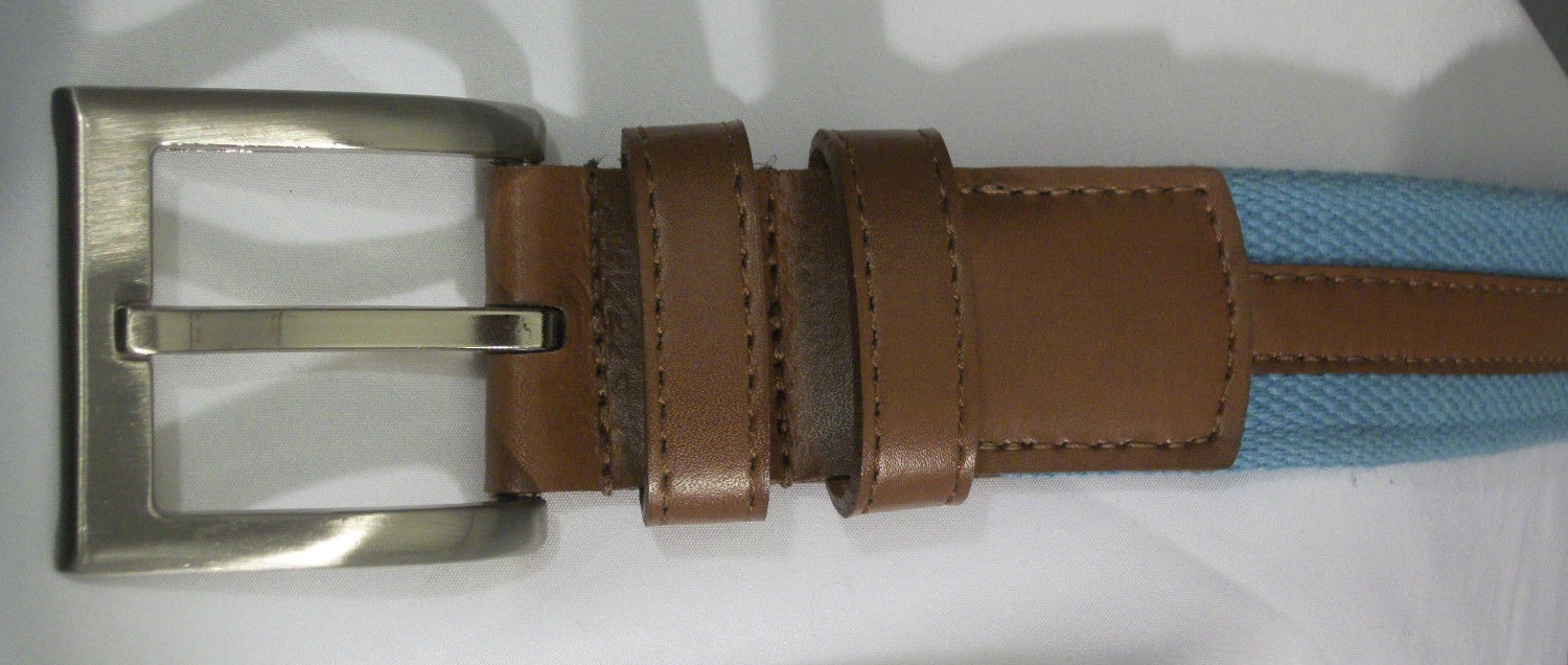Johnston & Murphy SIZE 44 Brown Leather Blue Cotton Two Toned Belt Made USA