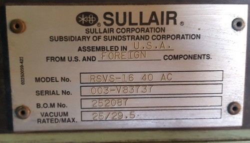 SULLAIR RSVS16-40AC Rotary Screw Vacuum Pump 40 HP Vac. Max. 29.5