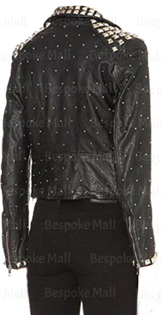 Pre-owned Handmade Woman's Full White Studded Brando Classic Cowhide Leather Jacket Belted-260