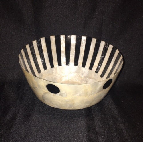 VTG Capiz Shell Decorative Bowl Centerpiece Handmade Black & White