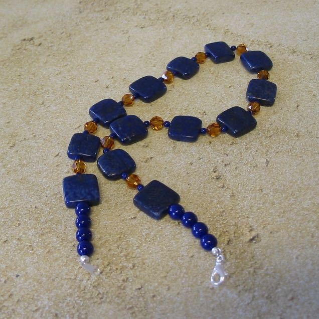Handmade Lapis and Topaz Glass Bead Necklace and Earrings