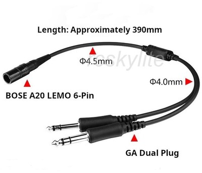 A20 6-Pin LEMO to General Aviation (GA Daul Plug) Adapter For Bose A20 Headset