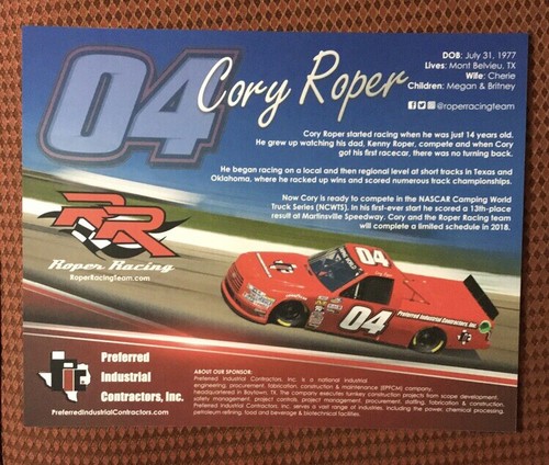 Cory Roper #04 Ford Signed Autographed Nascar Racing Postcard Truck Series Hero