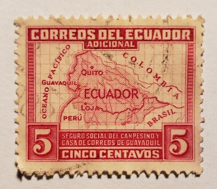 Stamp Latin America Ecuador 1938 Map of Ecuador sc# RA41, PT16 carmine rose used Stamp Latin America Ecuador 1938 Map of Ecuador sc# RA41, PT16 carmine rose used