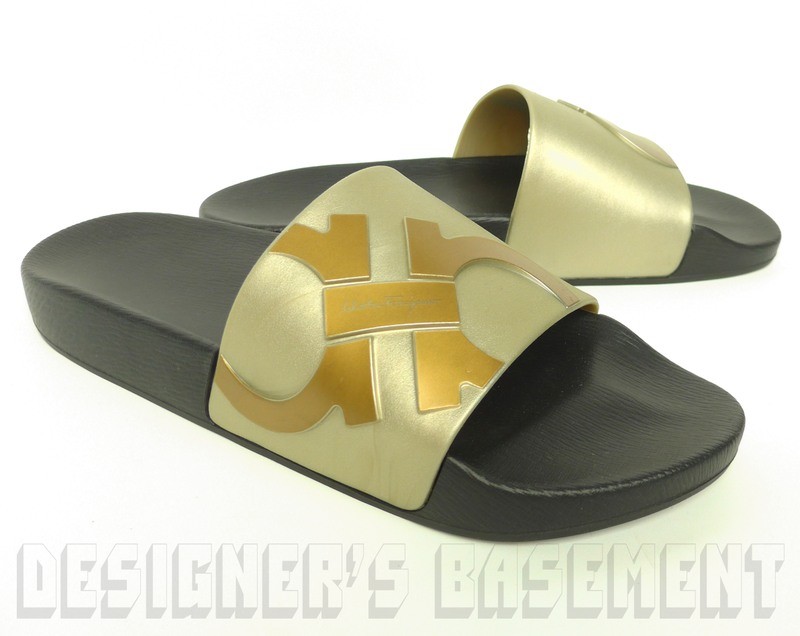 SALVATORE FERRAGAMO men 9M metallic DANTE slides FLIP-FLOPS shoes NIB Authentic!