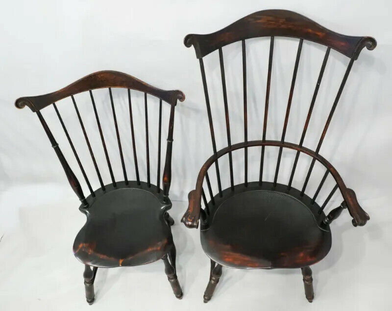 Set of 10 D.R. Dimes Lancaster Fan Back Black Windsor Chairs Carved Mouse Ears