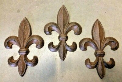 SET of 3 LG FLEUR DE LIS WALL ART DECOR French rustic antique bronze brown iron