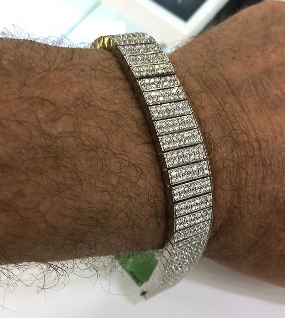 Pre-owned Online0369 6.5 Ct Rd Cubic Zirconia Mens Tennis Link Bracelet White Gold Plated Silver