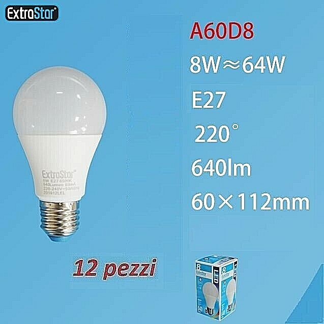 Set 12 Pezzi Lampadine Lampade Extrastar A60D8 Led E27 8W 640lm Luce Fredda Sus