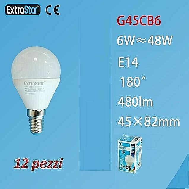 Set 12 Pezzi Lampadine Lampade Extrastar G45CB6 Led E14 6W 480lm Luce Fredda Sus
