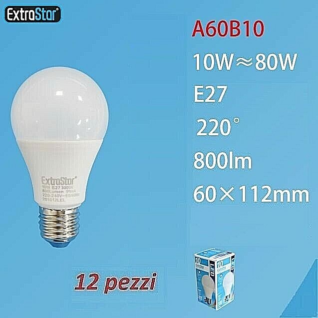 Set 12 Pezzi Lampadine Lampade Extrastar A60B10 Led E27 8W 800lm Luce Fredda Sus