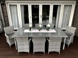 WICKER DINING SETTING,8 SEATER,EUROPEAN STYLING,AGED GREY