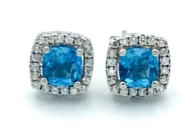 Belk Silverworks Sterling Silver Blue CZ Square Halo Earrings NOS
