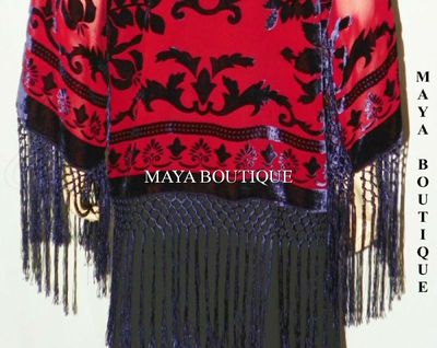 Pre-owned Maya Matazaro Burnout Velvet Silk Fringe Jacket Kimono Red & Navy