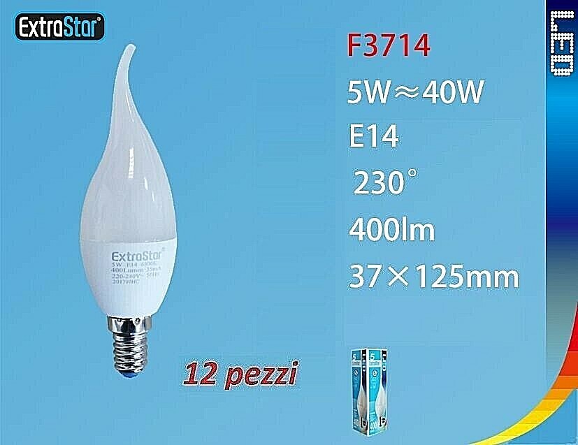 Set 12 Pezzi Lampadine Lampade Extrastar F3714 Led E14 5W 400lm Luce Fredda Sus