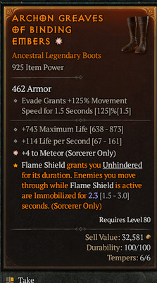 Diablo 4 Season 5 Softcore 925 Boot   +4 Meteor