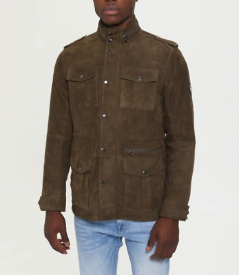 2021 Mens GUESS Brown Military Jacket 4 Pocket Coat Wool Sz M