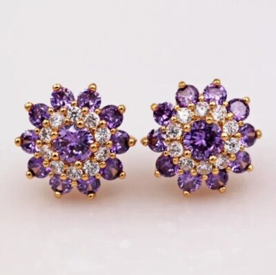 200 Ct Round Cut Simulated Amethyst Flower Stud Earrings 14K Yellow Gold Plated