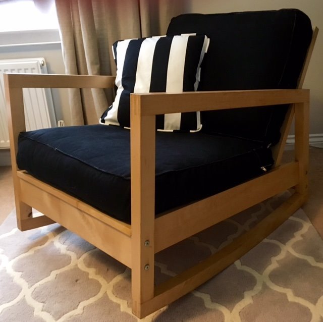 Ikea Lillberg rocking chair, birch frame with black seat cushions in