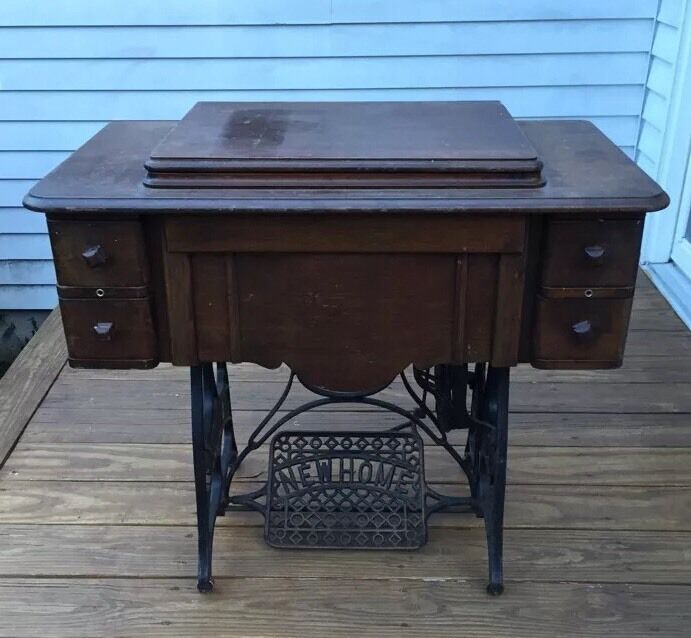 Antique 1906 NEW HOME Treadle Sewing Cabinet Mahogany w/ Cast Iron Base EXC COND