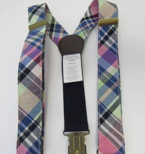 New Boy's Suspenders Gymboree Size 6 Up Pink Blue Plaid Madras
