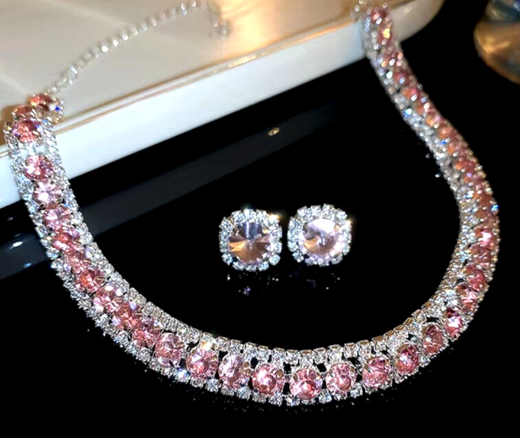 Colorful Pink RHINESTONE Choker Betsey Johnson Statement Necklace Earrings SET