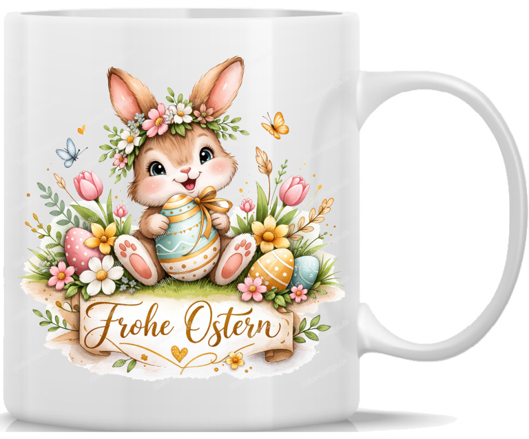 Tasse Kaffeebecher Frohe Ostern Osterhase mit Schleifen Ei Blumenwiese Aquarell