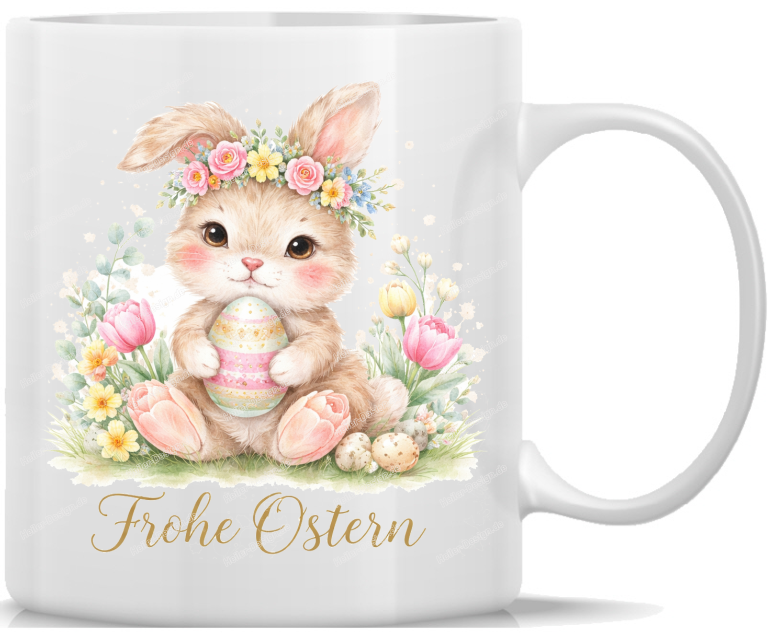Tasse Kaffeebecher Frohe Ostern Osterhase mit Blumenkranz und Osterei Aquarell M