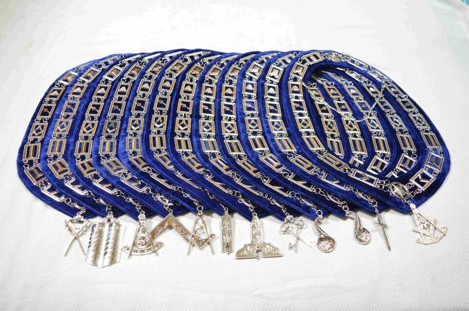 Blue Lodge Masonic Silver Chain Collar With Silver Jewels Blue Backing Set Of 12